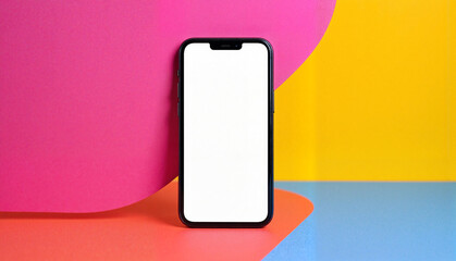 Smartphone on colorful geometric background, smartphone mockup with screen display