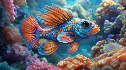 Obraz premium Mandarin fish swimming in a vibrant underwater world, surrounded by colorful coral reefs and marine life, perfect for ocean exploration and nature-themed visuals.