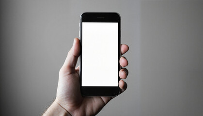 Hand holding smartphone against gray background, smartphone mockup in hand