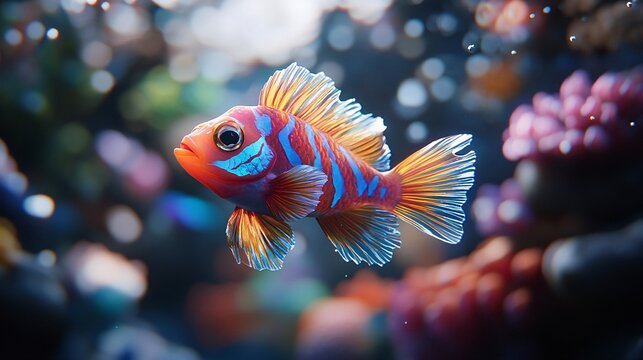 Mandarin fish swimming in a vibrant underwater world, surrounded by colorful coral reefs and marine life, perfect for ocean exploration and nature-themed visuals.