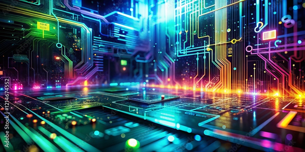 Poster abstract tech double exposure: futuristic circuits and data streams