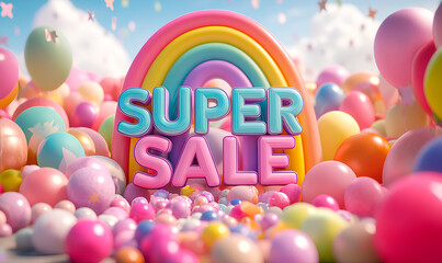 Super sale message surrounded by colorful balloons and a rainbow arch floating against a sunny blue sky