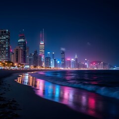 Obraz premium Neon Nights Urban Architecture on the Beach 