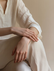 A close-up of the woman's hands, resting on her lap with perfect skin and nails, wearing an elegant white blouse paired with light-colored pants.