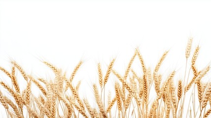 Fototapeta premium Wheat stalks arranged against plain white background. Golden ripe wheat ears form border. Close-up agricultural image perfect for wheat farm concepts. Offers natural, organic feel suited to food,