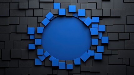 Abstract Blue Circle Breakthrough: A vibrant blue circle bursts through a wall of dark gray cubes, creating a dynamic and eye-catching abstract composition.