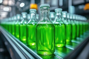 Green liquid fills glass bottles on conveyor belt. Industrial production of liquid in factory. Bottles moving in line. Scientific research health care products. Possibly new type of biofuel