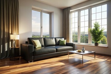 Fototapeta premium Stylish Black Couch on Hardwood Floor Near Window - Modern Interior Design Stock Photo