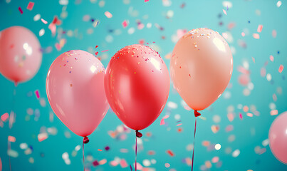 Pink balloons floating with falling confetti on a turquoise background create a festive atmosphere