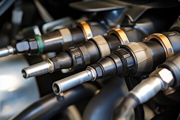 Close-up view of a bunch of hoses on a motorcycle, with details visible