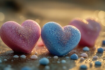 Fototapeta premium Two decorative hearts in pink and blue colors sitting on a table, perfect for romantic or celebratory occasions
