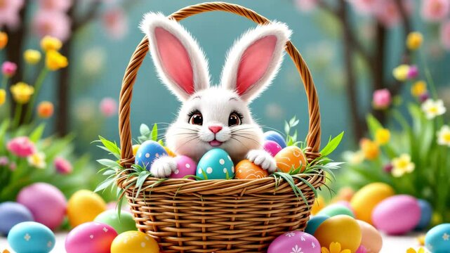 Cartoon funny bunny sitting in a basket with Easter eggs. Template for Easter animated invitation, card, children's party, advertising materials, festive social media posts