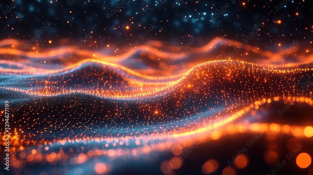 Poster abstract technology background with glowing particles and waves for presentation use and digital des