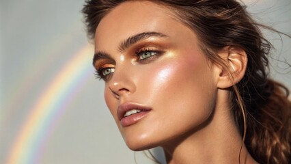 A captivating portrait of a woman whose iridescent highlighter catches the light creating a halo effect around her face. Her skin has a polished sheen and her eye makeup