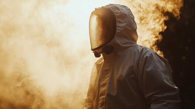 A beekeeper, fully equipped with protective gear, stands amidst a gentle haze of smoke, immersed in a bright and sunny outdoor environment surrounded by buzzing bees and blooming flowers