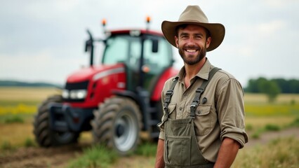 Smiling farmer in overalls standing in field with red tractor