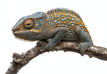 Obraz premium Vibrant Close-Up of a Colorful Chameleon Perched on a Branch with Intricate Patterns and Textures Capturing Nature's Beauty and Wildlife Diversity
