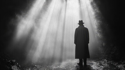 Obraz premium In a dimly lit alley, a mysterious figure emerges, illuminated by glowing beams of light. This scene evokes an intense atmosphere of intrigue and chaos, reminiscent of classic film noir aesthetics