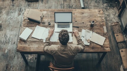 Overhead view of a man working on a laptop at a rustic wooden desk, surrounded by papers and documents.
