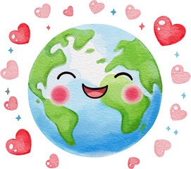 Watercolor illustration of a smiling Earth surrounded by hearts and sparkles, symbolizing love, care, and environmental harmony.