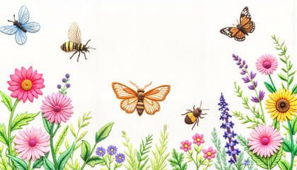 Colorful flowers and butterflies against a white background