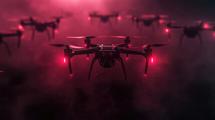 drone swarm glowing red in dark atmosphere, showcasing advanced technology and innovation