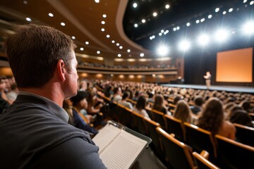 A focused audience attentively observing a speaker on stage, illuminated by bright lights in a spacious auditorium filled with eager participants ready to learn.