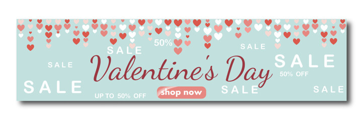Valentine's Day sale, template discount banner design with hanging multicolored rose hearts to promote purchases in the 14 february. modern vector illustration for website header, flyer, poster
