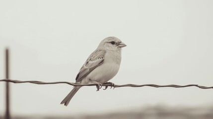 Fototapeta premium Small bird perched on barbed wire fence. (1)