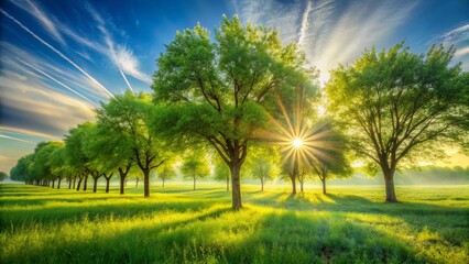 Obraz premium Sun-Drenched Countryside Trees: Long Exposure Photography