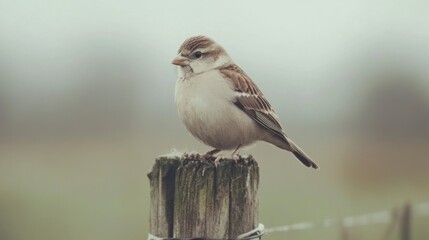 Small bird perched on weathered wooden post.