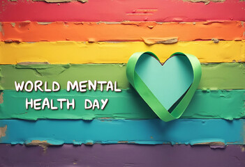 A heart shaped ribbon on a rainbow colored background with the text world mental health day written below