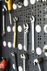 A collection of various hand tools hung on a wooden wall