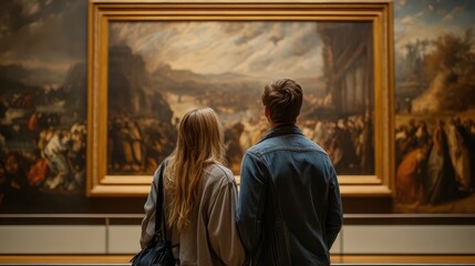 Couple admires a romantic painting featuring lovers at an art museum during a quiet afternoon visit, immersed in the beauty of the artwork and each other's company