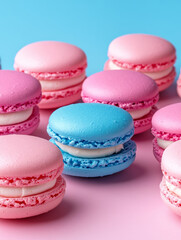 Colorful pink and blue macarons on a pastel background