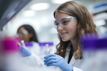 A young woman wearing a white lab coat working in a laboratory. She wears goggles and blue rubber gloves.	