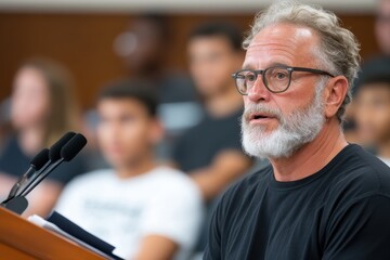 An engaging orator delivers a thoughtful speech to an attentive audience, exemplifying the art of public speaking and its role in influencing thoughts and actions.