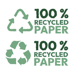 Recycled paper vector  logo badge. 100% recycled materials. Hand drawn flat vector illustrations on white background.