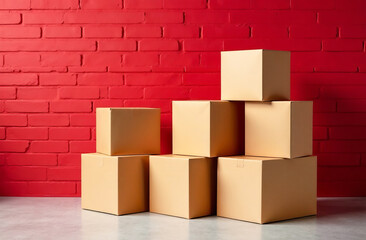 Obraz premium Empty cardboard boxes in an empty room against a red brick wall. Copy space.