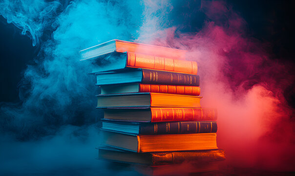 Old books stacked on top of each other are surrounded by colorful smoke, creating a mysterious atmosphere - Powered by Adobe