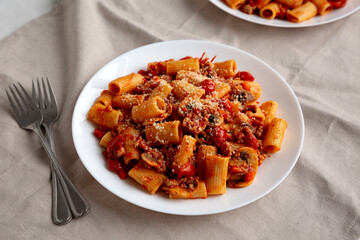 Homemade Italian Sausage and Mushroom Ragu Rigatoni Pasta with Cheese on a Plate, side view.