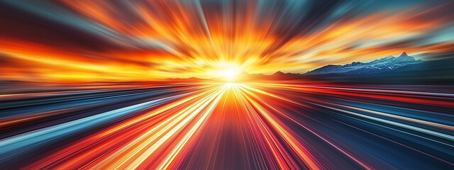 Obraz premium Smooth glowing lines background design. Glowing waves poster. Road night lights. The motion effect of a car moving at high speed. Mountains landscape. Digital photo illustration. AI artwork 