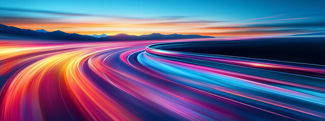 Smooth glowing lines background design. Glowing waves poster. Road night lights. The motion effect of a car moving at high speed. Mountains landscape. Digital photo illustration. AI artwork	