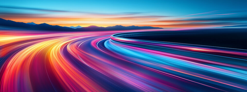 Smooth glowing lines background design. Glowing waves poster. Road night lights. The motion effect of a car moving at high speed. Mountains landscape. Digital photo illustration. AI artwork	