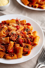 Homemade Italian Sausage and Mushroom Ragu Rigatoni Pasta with Cheese on a Plate, side view.
