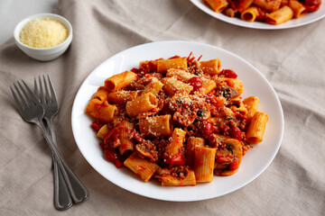 Homemade Italian Sausage and Mushroom Ragu Rigatoni Pasta with Cheese on a Plate, side view.