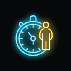 Neon icon of a person standing next to a stopwatch, representing the concept of time management and efficiency