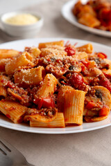 Homemade Italian Sausage and Mushroom Ragu Rigatoni Pasta with Cheese on a Plate, side view. Close-up.