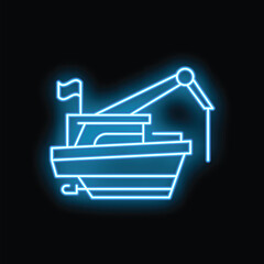 Blue neon icon of a fishing boat with a crane, glowing on a black background © ylivdesign