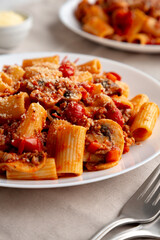 Homemade Italian Sausage and Mushroom Ragu Rigatoni Pasta with Cheese on a Plate, side view. Close-up.